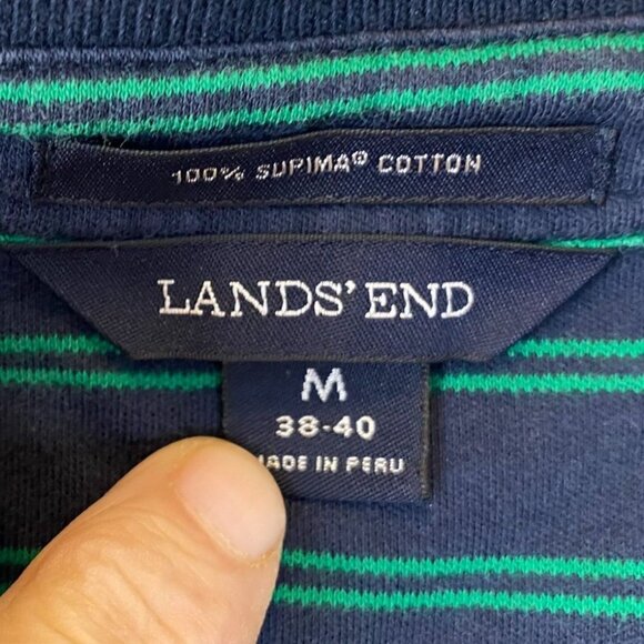 Lands End Mens Polo Shirt M 38-40 Striped Long-Sleeve Navy & Green 100% Supima - Picture 5 of 10